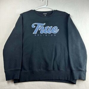 True Religion Y2K Puff Print Spellout Logo Black Blue Pullover Sweatshirt Size S